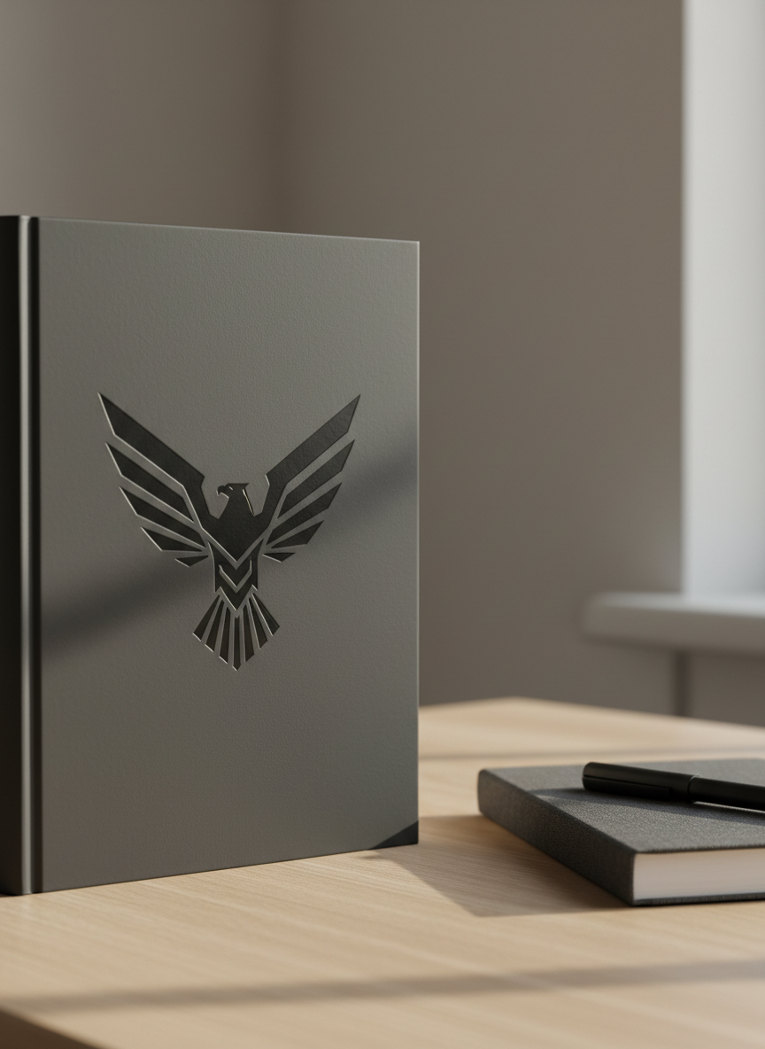 A sleek black eagle emblem embossed on a matte charcoal hardcover book, its wings stylized into sharp, geometric lines that suggest precision and uplift. The book rests on a clean, light oak desk beside a closed, dark fabric notebook and a minimalist black pen. Soft morning daylight enters from the left, casting crisp but gentle shadows and creating a subtle sheen on the embossed metallic ink. Shot at an eye-level, slightly angled perspective in photographic realism, with a shallow depth of field that blurs a neutral, uncluttered background. The mood is professional, focused, and aspirational, conveying everyday tools designed to help you rise above the ordinary.