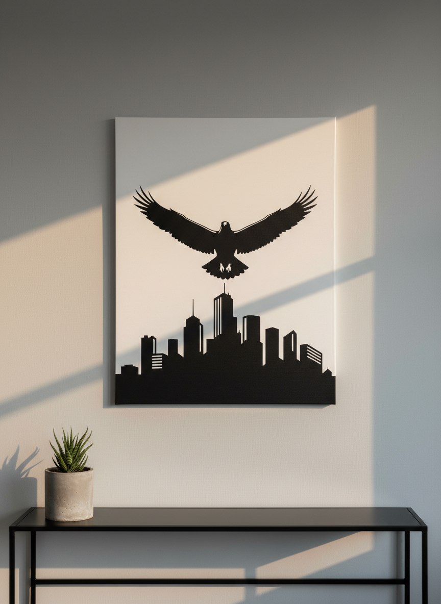 A dramatic piece of wall art featuring a monochrome black eagle silhouette soaring above a stylized city skyline, printed on a large, matte canvas. The canvas hangs on a smooth, light grey wall above a simple, low-profile black console table that holds a single concrete planter with a hardy green plant. Warm late-afternoon sunlight slants in from the right, creating gentle gradients across the wall and a crisp shadow of the canvas edge. Captured straight-on in photographic realism, with sharp focus and balanced framing, the scene feels modern, confident, and quietly motivational, perfect for a workspace or living area that celebrates rising above the ordinary in everyday life.