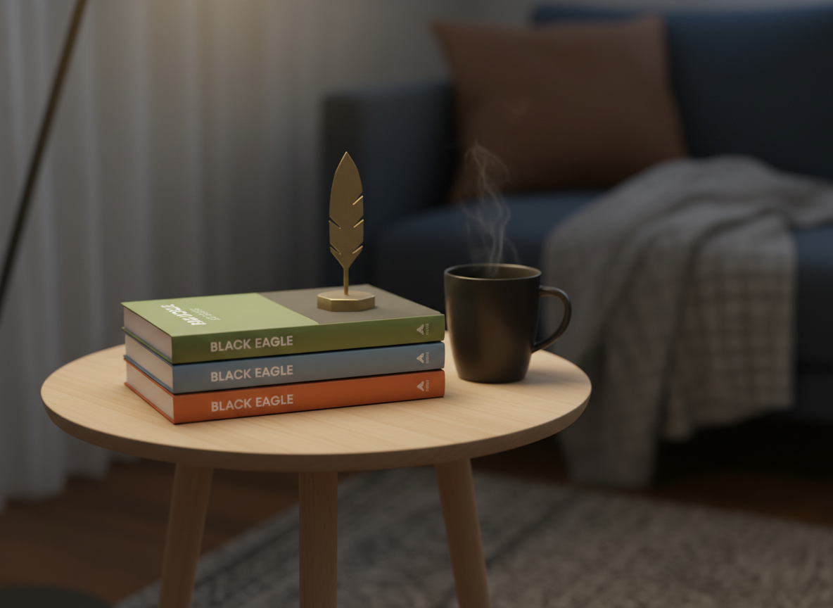 A cozy, thoughtfully curated reading corner featuring a stack of three Black Eagle–branded paperbacks with clean, minimalist covers, each using a different muted accent color against white and charcoal. The books sit on a round, light wood side table beside a matte-black ceramic mug and a small, geometric metal bookmark holder shaped like an eagle feather. Soft, warm ambient light from a nearby floor lamp creates a gentle pool of illumination, with the rest of the room fading into a smooth, dark bokeh. Shot at a slightly lowered eye level in photographic realism, the composition feels calm, inviting, and quietly empowering, highlighting transformative everyday reading as a powerful solution.
