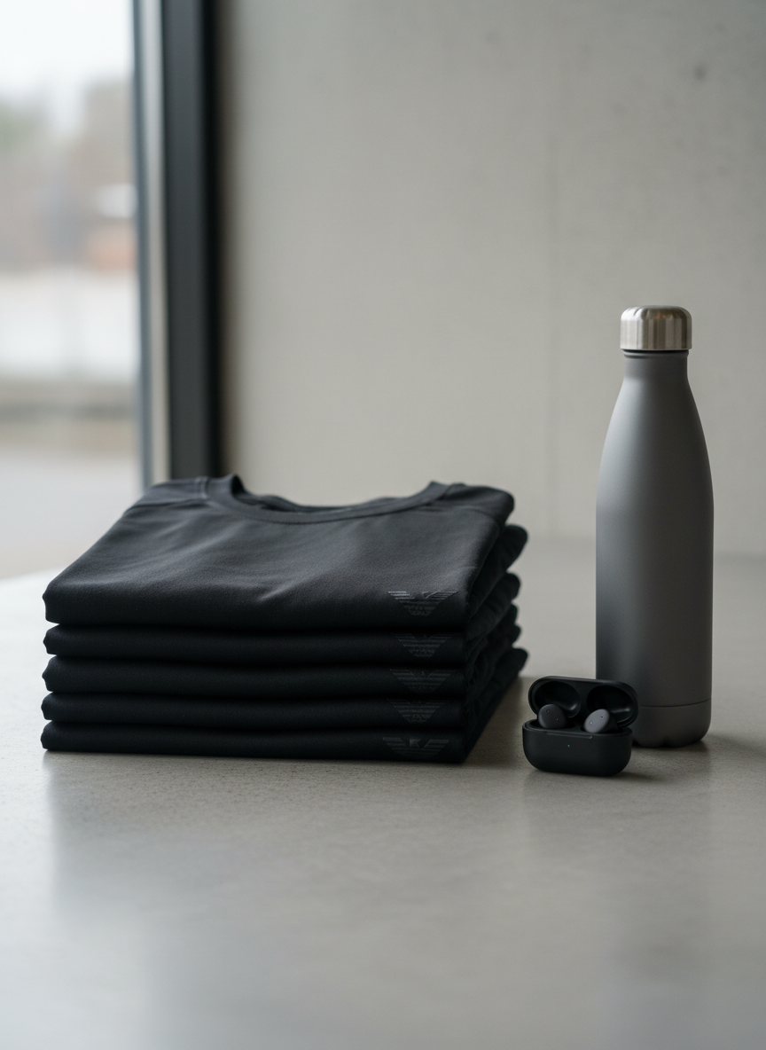 A neatly folded set of jet-black performance T-shirts, each featuring a small, refined black eagle icon at the hem, stacked on a smooth concrete surface. Nearby, a pair of minimalist, matte-black wireless earbuds and a slim, graphite-grey water bottle reinforce a practical, everyday carry theme. Cool, diffused overcast light from a large unseen window creates soft highlights on the fabrics’ subtle textures and the bottle’s metallic finish. Photographic realism with a slightly elevated angle and centered composition emphasizes order and readiness. The atmosphere is calm, efficient, and purposeful, suggesting apparel built for real life that blends seamlessly into a modern, high-performing routine.
