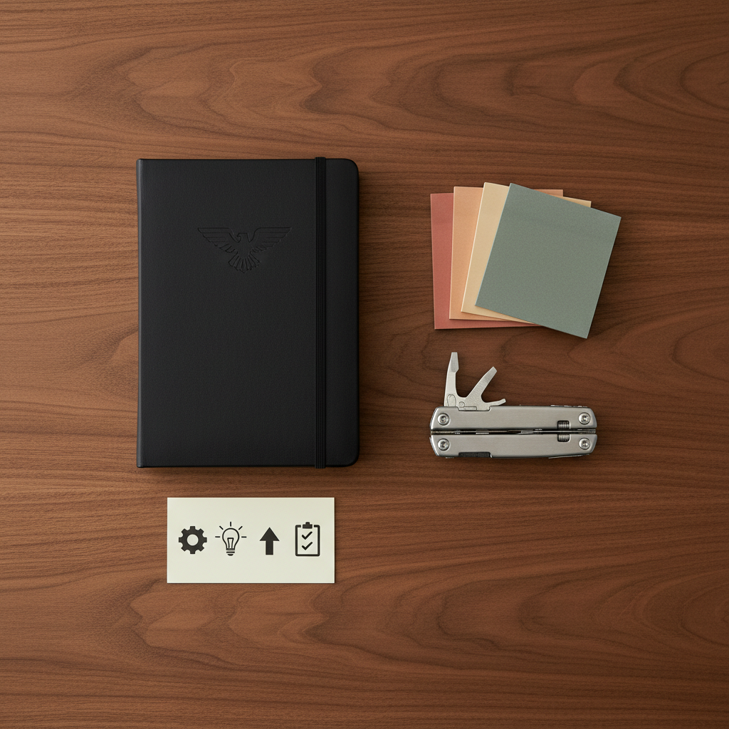 A flat-lay arrangement of everyday problem-solving tools: a slim black hardcover planner with a subtle embossed eagle mark, a set of neatly aligned sticky notes in muted earth tones, a compact multi-tool with brushed metal finish, and a small, cleanly designed reference card printed with bold, simple icons. Everything rests on a warm, walnut wood tabletop with visible grain. Soft studio lighting from above eliminates harsh shadows while leaving gentle depth around each object. Photographic realism with crisp focus across the frame and a carefully balanced composition evokes clarity, practicality, and readiness, mirroring a brand that delivers smart, organized solutions for daily challenges.