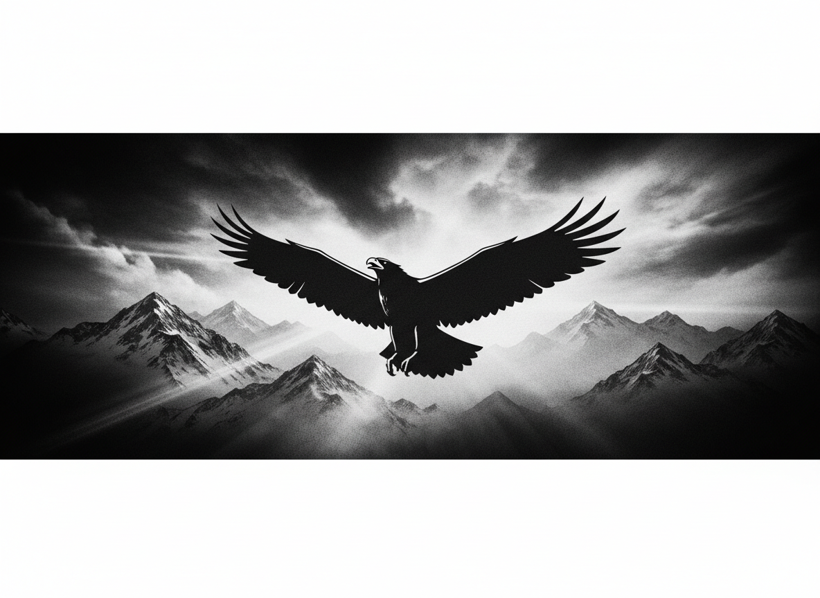 Dramatic edge-to-edge editorial hero banner, black eagle silhouette against a stark high-contrast monochrome sky