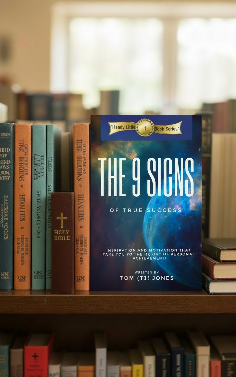 Edit only the existing library-shelf mockup. Keep the featured The 9 Signs book cover and all its artwork and text exactly unchanged. Keep the Bible on the left side of the featured book, standing upright and integrated among the neighboring books. Make the Bible approximately the same height as the surrounding upright books so it no longer looks noticeably short, while keeping it modest and not conspicuous. Do not change the shelf, lighting, featured book, or other books.